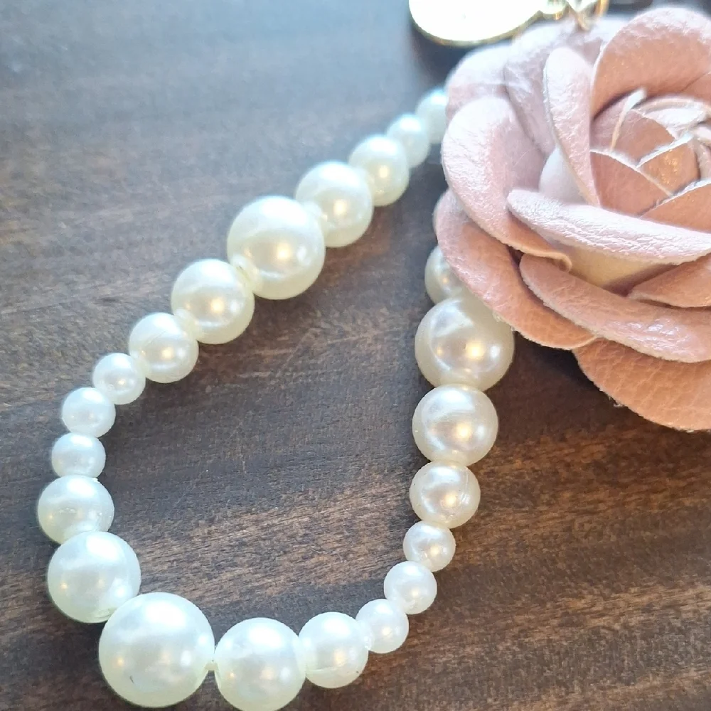 Elegant Pink Rose Bag Charm with Pearls